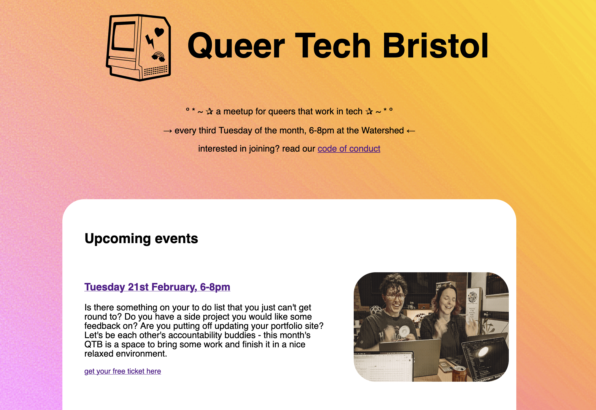 a screenshot of a website with the heading Queer Tech Bristol and a couple of event listings beneath it
